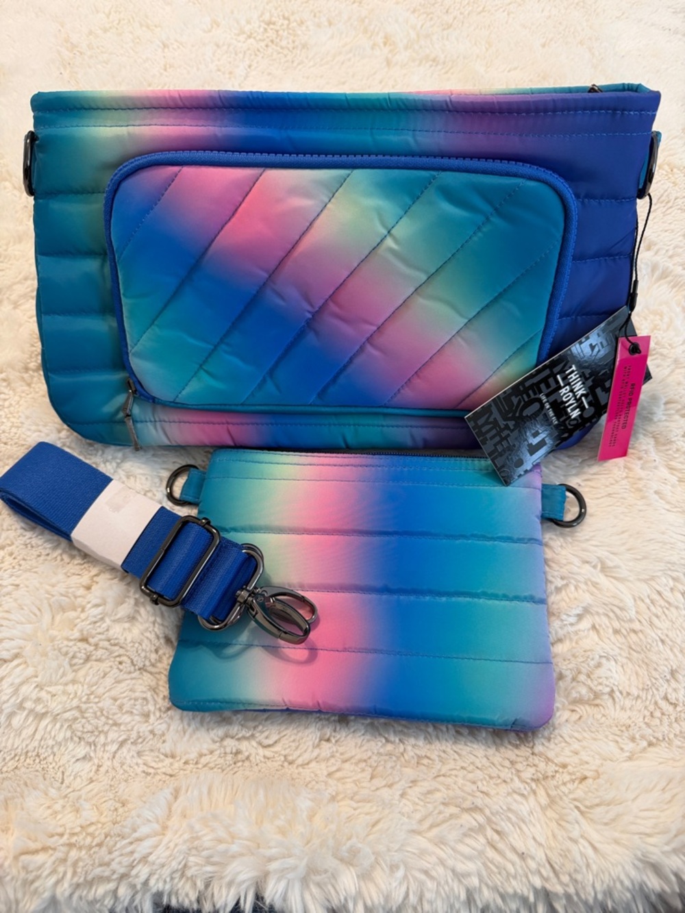 Think Royln Bank Street Crossbody Blue Lagoon Ombre with Matching Pouch NWT
